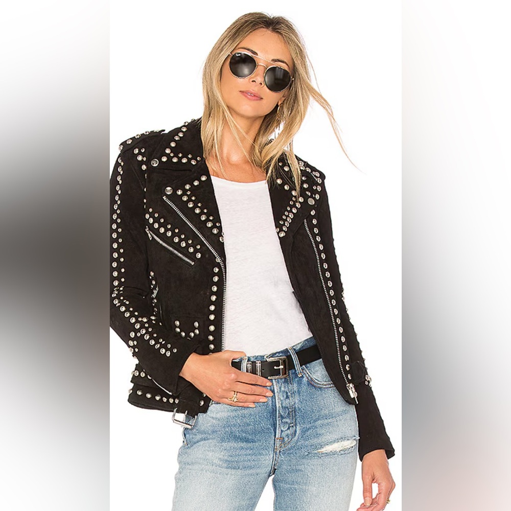 Free People Understated Leather Studded Black Suede Leather Jacket. Sz L